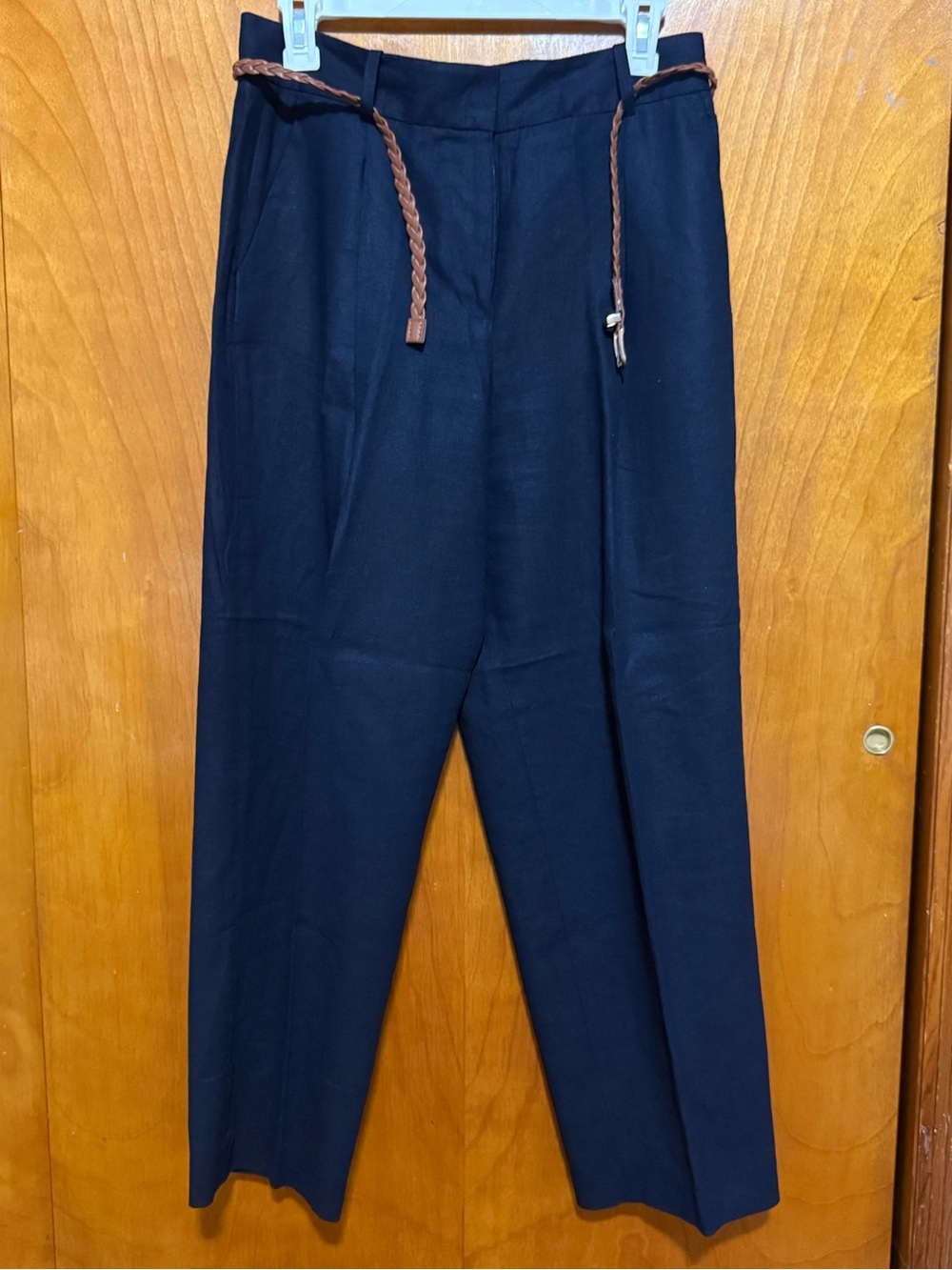 Zara Navy Trousers with Brown Braided Belt